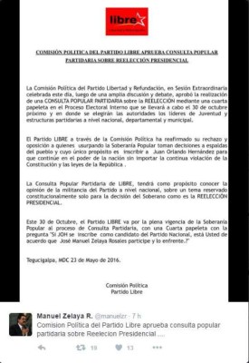 Mel Zelaya confirma su aspiración a la reelección presidencial