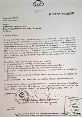Honduras: Ordenan revisar actos de personal del Poder Judicial de enero a julio de 2015
