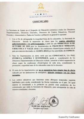 Suspenden clases para este miércoles en departamentos con alerta roja
