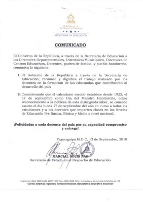 Otorgan feriado este lunes 17 de septiembre a maestros de Honduras