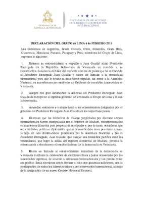 Grupo de Lima incorpora al gobierno venezolano de Juan Guaidó