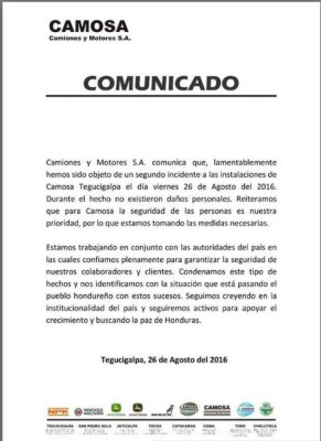 Honduras: Segundo atentado criminal contra Camosa en menos de un mes