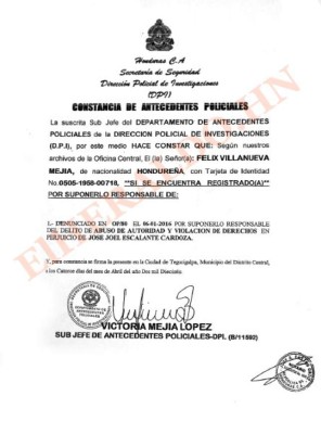 Honduras: Le borran los antecedentes a director policial Félix Villanueva