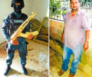 Un agente de la policía TIGRES posa con el fusil AK-47 y los dos cargadores bañados en oro encontrados en la vivienda donde estaba José Inocente Valle Valle, capturado por las autoridades policiales en medio de la Operación Saturno 2.