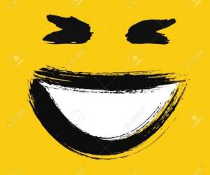 Laughing emoticon. Emoji with wide smile showing teeth. Happy face. Painted emotion icon. Grunge brush strokes design. Distressed texture. Vector illustration. For social networks, internet messages