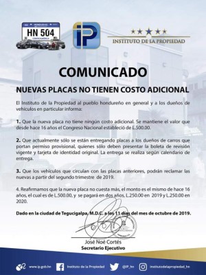 Instituto de la Propiedad reitera que cambio de placas no implica cobro adicional