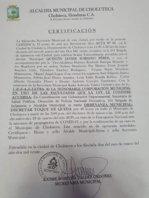 Choluteca ordena toque de queda por 48 horas por Covid-19
