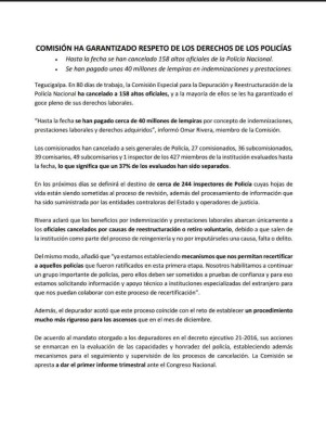 Honduras: Comisión depuradora ha pagado 40 millones de lempiras a policías cancelados