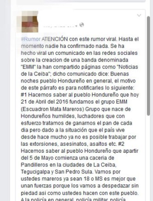 Grupo advierte que hará cacería de mareros en Honduras