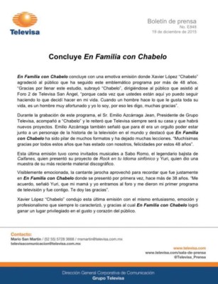 Este domingo se emitió el último programa de 'En familia con Chabelo'