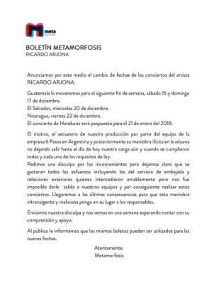 Concierto de Ricardo Arjona en Honduras es reprogramado