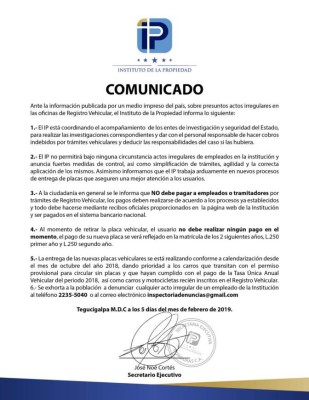 Instituto de la Propiedad reacciona ante denuncias de irregularidades en entrega de placas