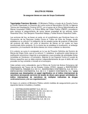 Boletín Ministerio Público sobre aseguramiento de bienes de los Rosenthal