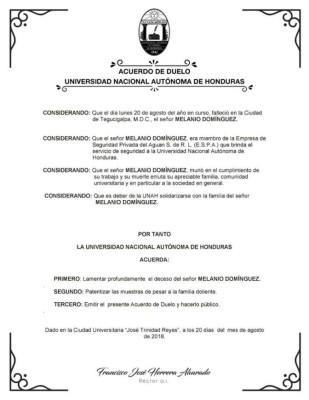 UNAH pide que el asesinato de guardia de seguridad no quede impune