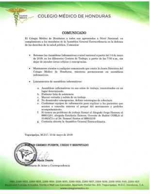 Colegio Médico de Honduras convoca a asambleas informativas el martes 14 de mayo