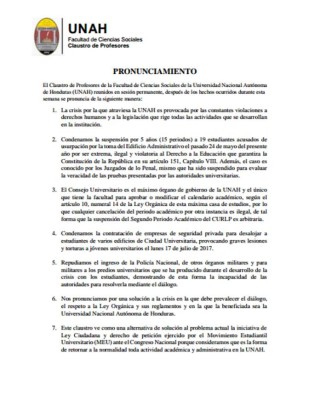 Claustro de Profesores de Ciencias sociales condena suspensión de 18 estudiantes de la UNAH