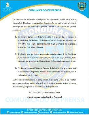 Detienen a un policía por brutal crimen contra hermanas en Reitoca