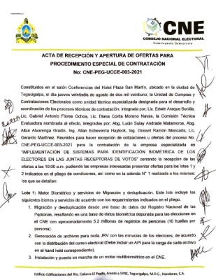Acta de recepción y apertura de ofertas para procedimiento especial de contratación