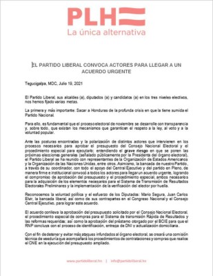 Partido Liberal urge acuerdo para garantizar presupuesto para el proceso electoral