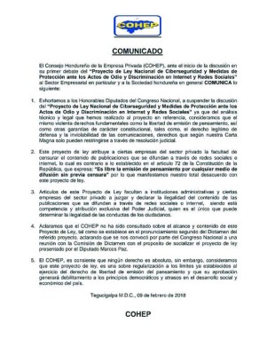 Cohep y CPH piden suspender ley antiodio en las redes sociales