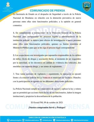 Policía Nacional se pronuncia sobre captura de siete uniformados acusados de tráfico de drogas