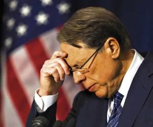 National Rifle Association (NRA) Executive Vice President Wayne LaPierre speaks on December 21, 2012, in Washington, DC, on the one-week anniversary of the Sandy Hook Elementary School shootings in Newtown, Connecticut. The United States' most powerful pro-gun lobbying group, the NRA, called Friday for armed police or security guards to be deployed to every school in the country. TOPSHOTS/AFP PHOTO/Paul J. Richards