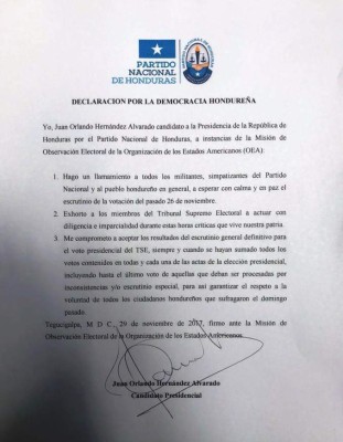Este es el documento en el que Hernández se compromete a respetar los resultados. (Foto: El Heraldo Honduras/ Noticias Honduras hoy)