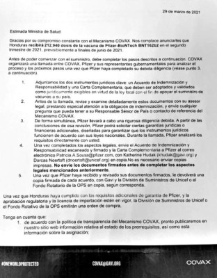 Carta de Covax que confirma donación de vacunas Pfizer al país. Foto. El Heraldo