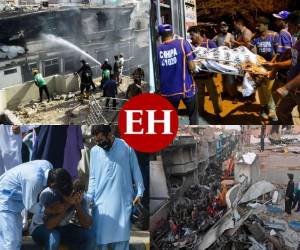 Rescatistas y voluntarios buscan sobrevivientes tras el desplome de un avión de pasajeros en una zona de viviendas de Karachi, Pakistán, el viernes 22 de mayo de 2020. (AP Foto/Fareed Khan)