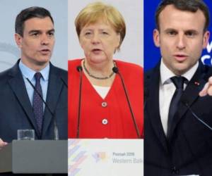 El presidente español Pedro Sánchez, la canciller alemana Angela Merkel, el presidente francés Emmanuel Macron y sus colegas de Polonia, Bélgica y Dinamarca mandaron la misiva. Fotos: AFP