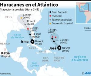 Mapa actualizado de la posible trayectoria del huracán Irma. Fotos: AFP/AP.