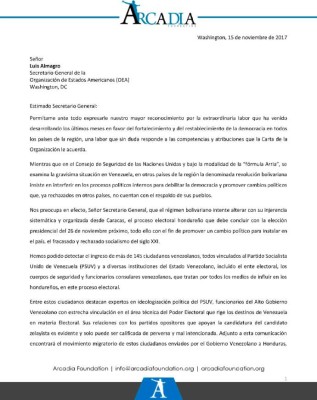 Fundación Arcadia da a la OEA lista de venezolanos que buscan crear caos en elecciones de Honduras