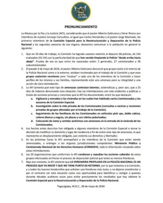 Honduras: Miembros de comision depuradora policial sufren constantes amenazas a muerte