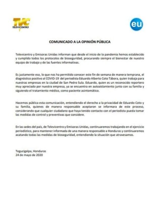 Positivos de Covid-19 siete empleados de dos medios de comunicación de TV en Honduras