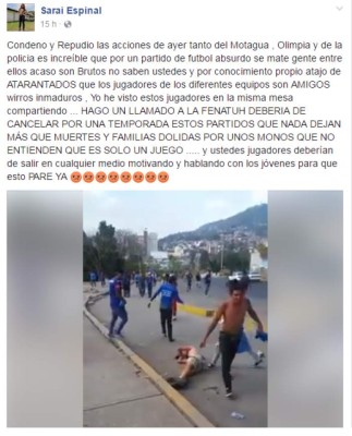 Saraí Espinal: 'Es absurdo que por un partido de fútbol se mate gente'