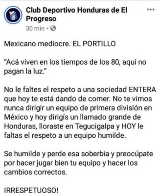 Este fue el mensaje publicado en la cuenta oficial del Honduras Progreso.
