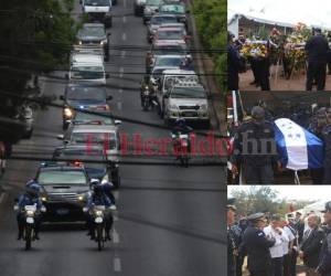 Composición de cuatro de las imágenes del cortejo fúnebre de los elementos de la Policía Tigres, Allan José Salazar Martínez y Harsy Areli Martínez, quienes fallecieron en un enfrentamiento contra la banda criminal 'Mito Padilla' que opera en Olancho. Fotos: Alex Pérez/EL HERALDO.