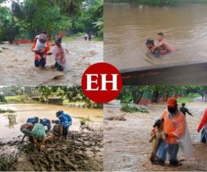 Niños, adultos mayores y mascotas fueron rescatados este martes por las autoridades hondureñas luego de que sus viviendas fuesen alcanzadas por las lluvias derivadas del huracán Eta, que se ha degradado a la categoría 2.
