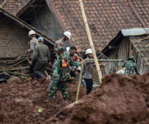 Un rescatista con un perro rastreador busca sobrevivientes después de que dos deslizamientos de tierra mataran al menos a 11 personas, incluido un niño de seis años, y muchos más desaparecidos en Sumedang, provincia de Java Occidental. Foto: AFP