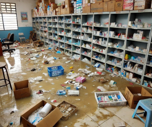 Así luce la farmacia del centro de salud de la colonia 3 de Mayo, después de que el agua se filtrara debido al mal estado del techo.