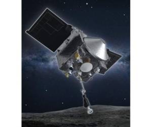 Esta imagen de archivo de la NASA obtenida el 23 de octubre de 2020 muestra la representación de un artista de la nave espacial Osiris-Rex descendiendo hacia el asteroide Bennu para recolectar una muestra de la superficie del asteroide. Foto: AFP