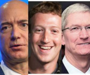 Amazon (Jeff Bezos, izda.), Facebook (el fundador Mark Zuckerberg, en el centro de la imagen) y Apple (el CEO Tim Cook, a la dcha.), son algunas de las empresas firmantes.