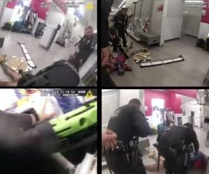 Segundos después de ubicar al sospechoso, uno de los policías dispara. El sospechoso cae al suelo y es esposado. Foto: AFP