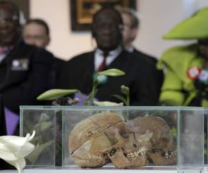 En esta fotografía de archivo, un par de cráneos de miembros de las tribus ovaherero y nama son exhibidos durante una ceremonia a la que asistieron representantes de esas tribus de Namibia en Berlín, Alemania. Foto:AP