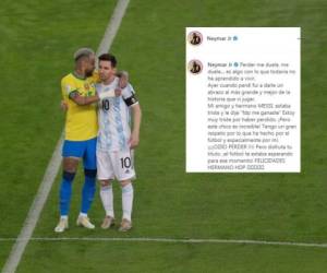 Neymar de Brasil y Lionel Messi de Argentina, derecha, se abrazan antes de la final de la Copa América en el estadio Maracaná de Río de Janeiro, Brasil. Foto: AP