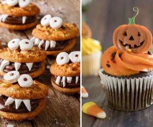 Galletas monstruosas y quequitos o cupcakes de calabaza, dos deliciosas opciones de postres ideales para compartir en Halloween.