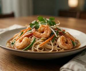 Fideos de arroz con camarones, una receta ideal para quienes buscan experimentar con sabores internacionales de manera sencilla y rápida.
