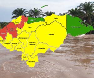 La imagen ilustra como se encuentra el sector de los campos bananeros aledaños al Ulúa, y el mapa las regiones de Honduras que están en alerta roja, amarilla y verde, respectivamente.