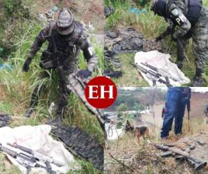 Miembros de la Policía Militar de Orden Público (PMOP) encontraron bajo tierra un barril repleto de armas de grueso calibre e indumentaria militar en el sector conocido como 'El Hoyo' en la colonia La Vega de Tegucigalpa en el mediodía de este viernes. Fotos: Estalin Irías | EL HERALDO.