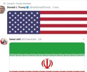 Captura de pantalla de los mensajes publicados por Trump, tras la muerte de Soleimani, y Saíd Yalilí, luego del ataque a bases con tropas de EEUU en Irak.
